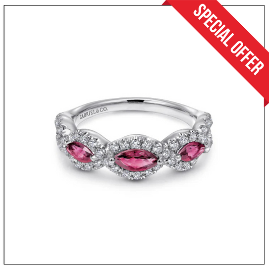 14K White Gold Twisted Diamond Rows and Ruby Marquise Stones Ring