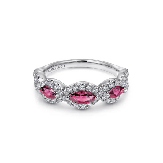 14K White Gold Twisted Diamond Rows and Ruby Marquise Stones Ring