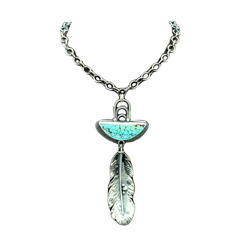 Long Sterling Silver Feather and Turquoise Necklace