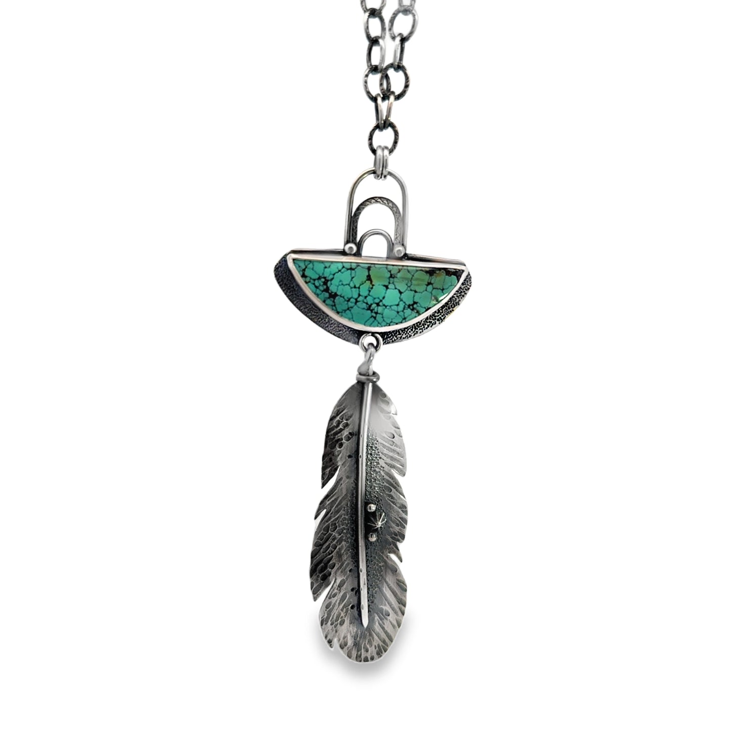 Long Sterling Silver Feather and Turquoise Necklace