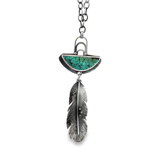 Long Sterling Silver Feather and Turquoise Necklace