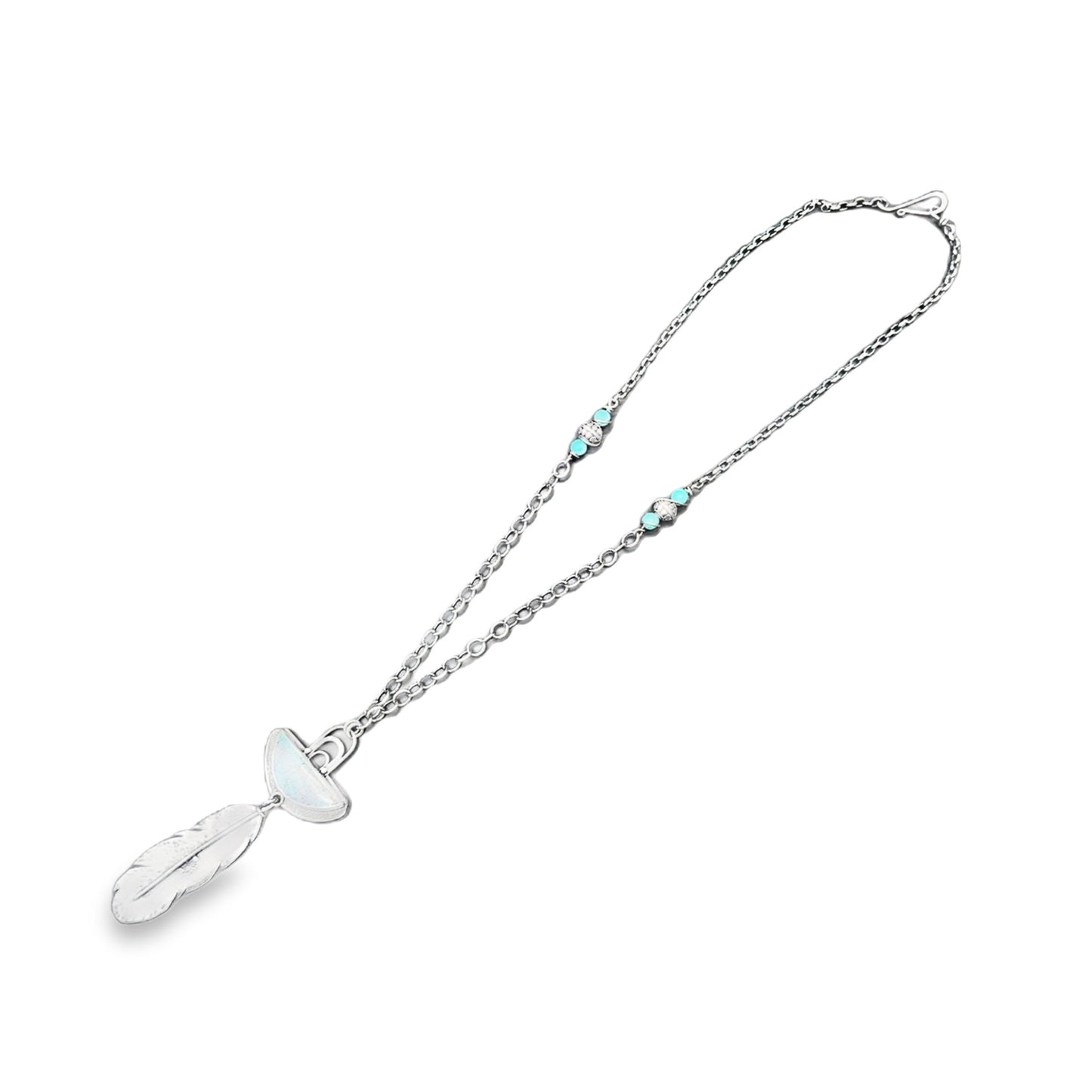 Long Sterling Silver Feather and Turquoise Necklace