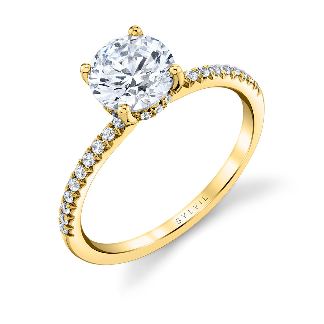 14K Yellow Gold Diamond Engagement Ring with Accented Band