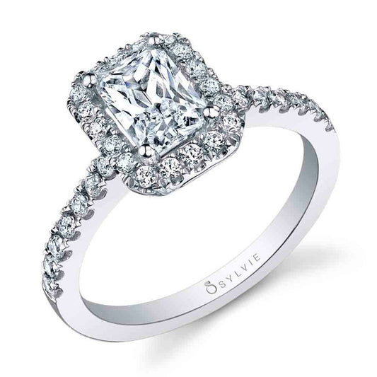 14K White Gold Emerald Cut Halo Engagement Ring