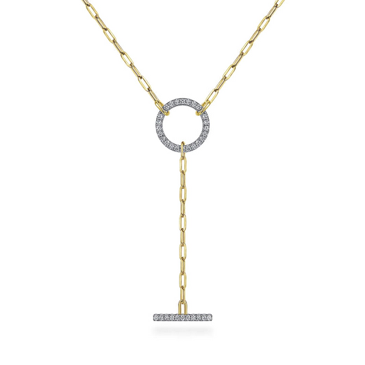 Gabriel & Co | 14K Yellow Gold Diamond Circle and Bar Y-Knot Necklace with Hollow Paperclip Chain