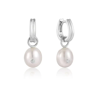 Silver Pearl Drop Sparkle Huggie Hoop Earrings