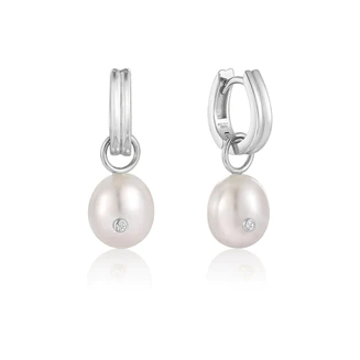 Ania Haie | Silver Pearl Drop Sparkle Huggie Hoop Earrings