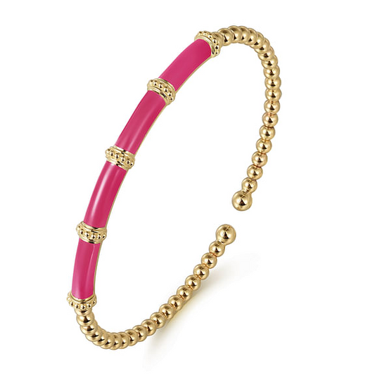 14K Yellow Gold Bujukan Beads Split Bangle with Fuchsia Enamel Accent