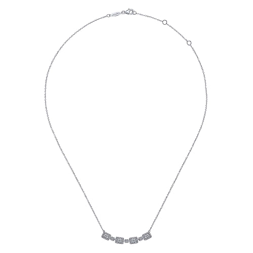 14K White Gold Rectangular Baguette and Diamond Halo Station Necklace
