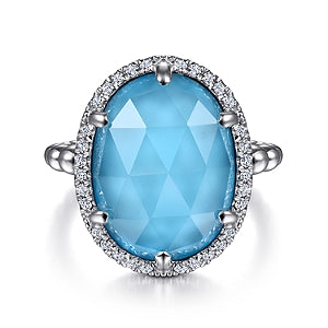 Gabriel & Co | 925 Sterling Silver Oval White Sapphire and Turquoise Halo Signet Ring
