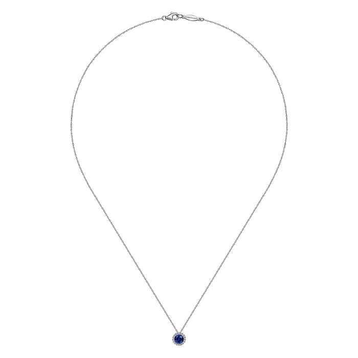 Gabriel & Co | 14K White Gold Sapphire and Diamond Halo Pendant Necklace