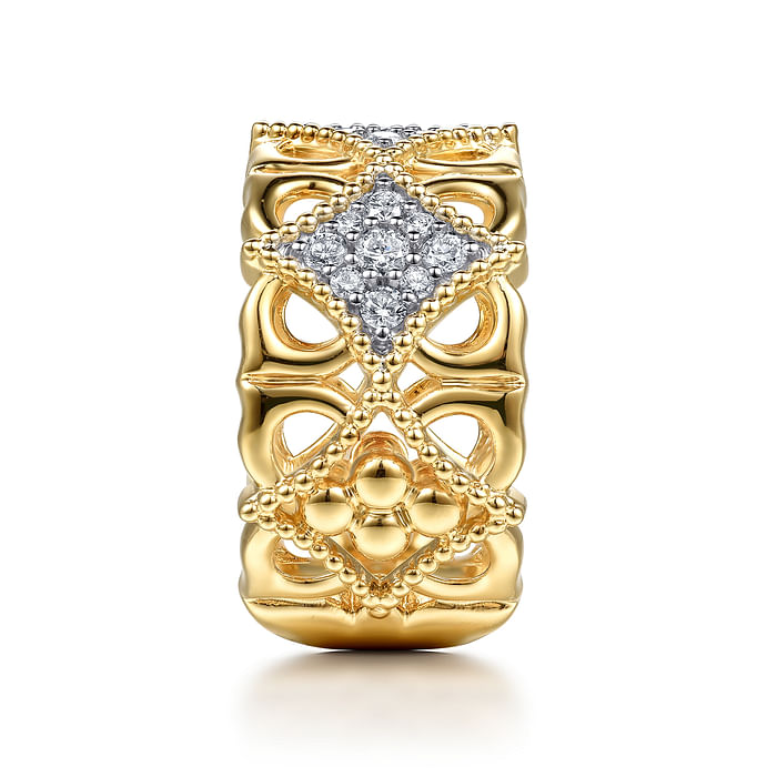 18K Yellow Gold Bujukan and Diamond Floral Wide Band Ring
