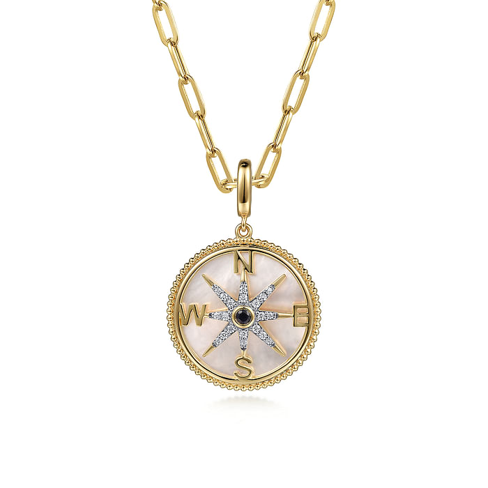 14K Yellow Gold Diamond and Blue Sapphire Compass Pendant