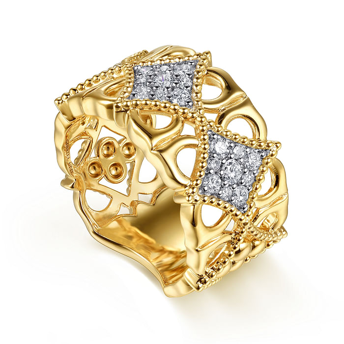 18K Yellow Gold Bujukan and Diamond Floral Wide Band Ring