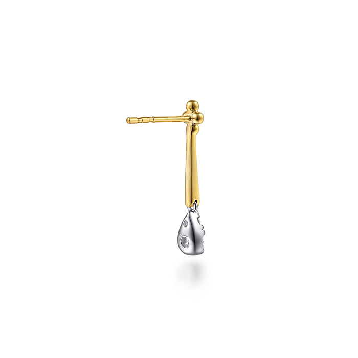 14K White and Yellow Gold Bujukan and Diamond Teardrop Stud Drop Earrings
