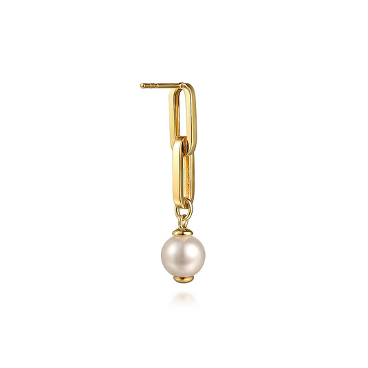 14K Yellow Gold Pearl Stud Drop Link Earrings