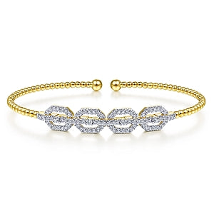 14K Yellow Gold Bujukan Bead Cuff Bracelet with Diamond Pave Links