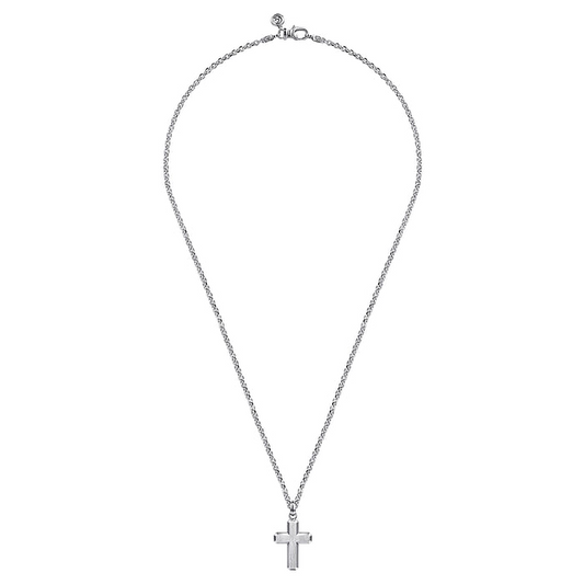 22 Inch 925 Sterling Silver Brushed Cross Pendant Necklace