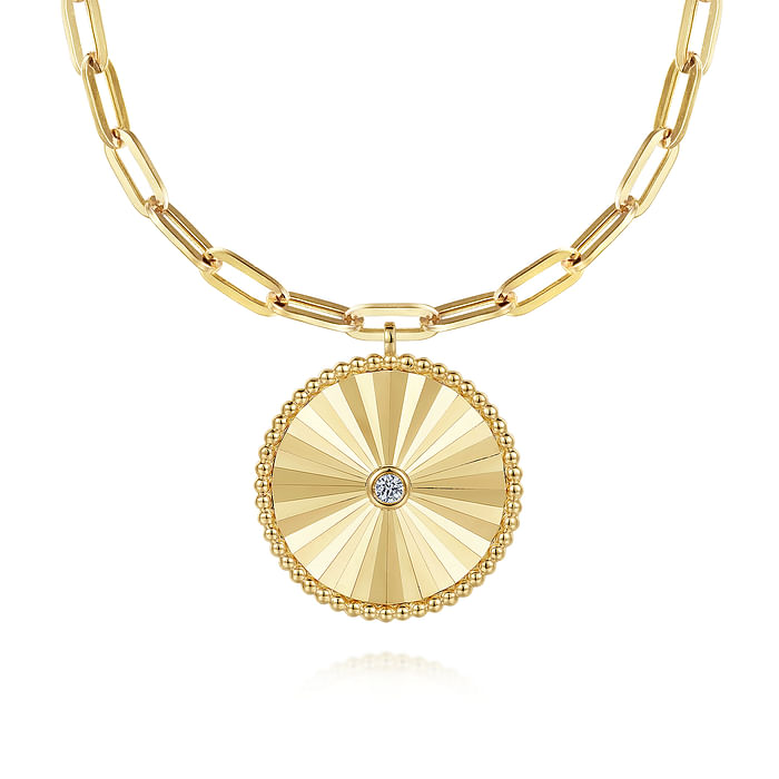 Diamond Cut - 18" 14K Yellow Gold Textured Diamond Medallion Hollow Chain Necklace Diamond Cut - 18" 14K Yellow Gold Textured Diamond Medallion Hollow Chain Necklace