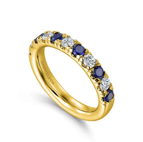 14K Yellow Gold 11 Stone Diamond and Sapphire Anniversary Band