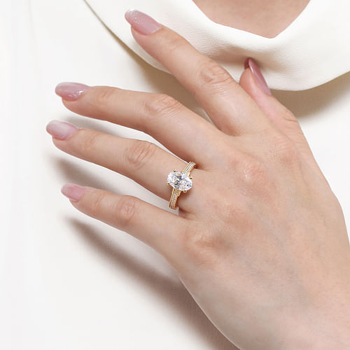 14K Yellow Gold Oval Lotus Diamond Engagement Ring