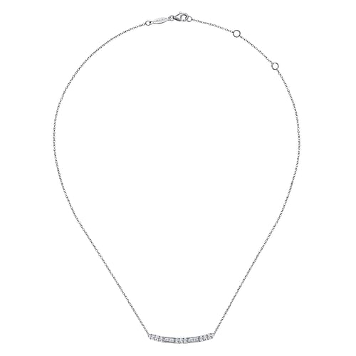14K White Gold Round and Baguette Diamond Curved Bar Necklace