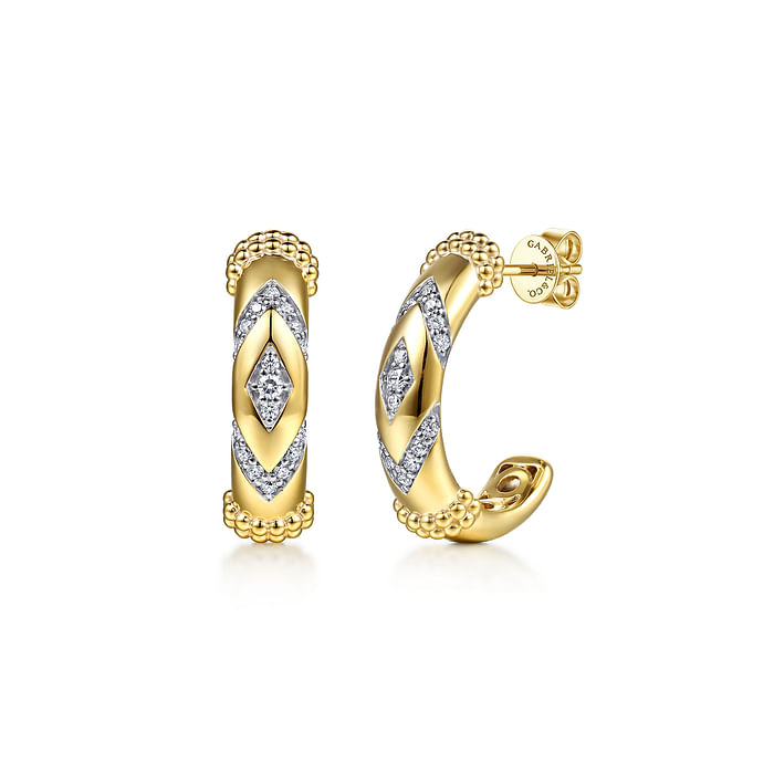 14K Yellow Gold Bujukan and Diamond Chevron J Hoop Earrings