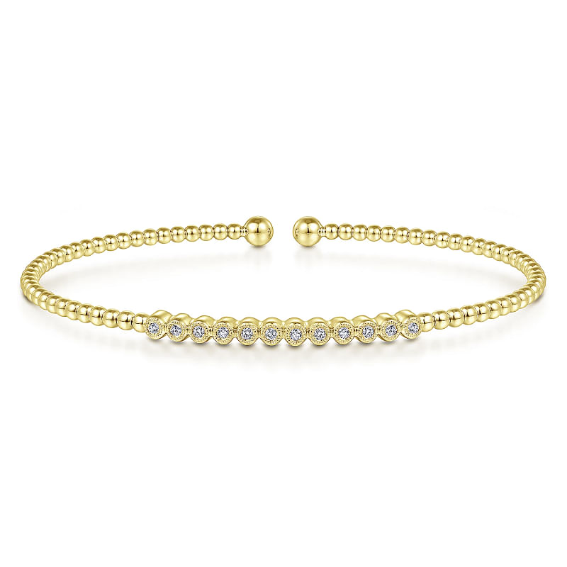 14K Yellow Gold Bujukan Bead Cuff Bracelet with Bezel Set Diamond Stations