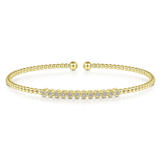 14K Yellow Gold Bujukan Bead Cuff Bracelet with Bezel Set Diamond Stations