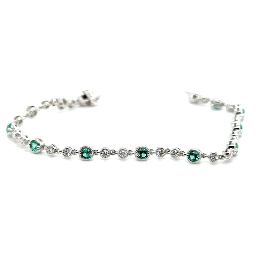 Vintage Style Milgrain Alternating Round Bezel Set Emerald and Diamonds Bracelet
