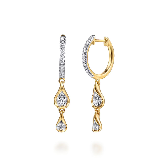 14K White and Yellow Gold Diamond Huggie Drop Earrings