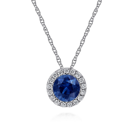 Gabriel & Co | 14K White Gold Sapphire and Diamond Halo Pendant Necklace