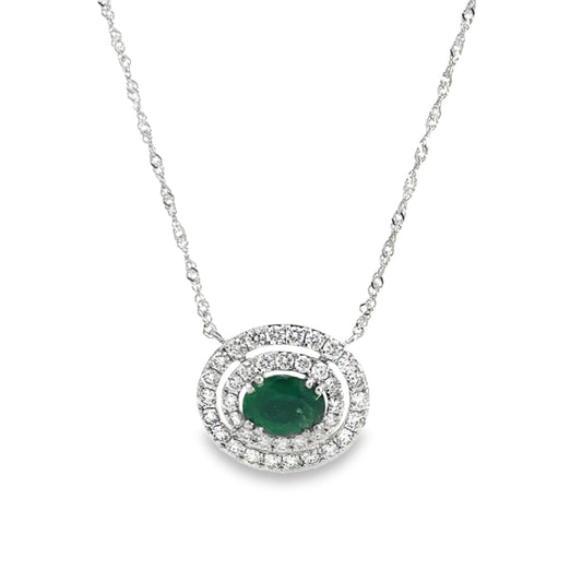 14K White Gold Diamond and Emerald Pendant