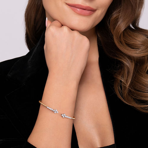 14K White & Yellow Gold Bujukan and Diamond Clover Open Bangle Bracelet