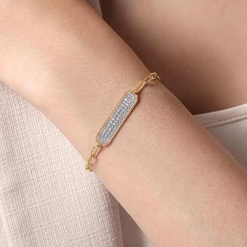 14K Yellow Gold Diamond Pave Wide Bar Hollow Chain Bracelet