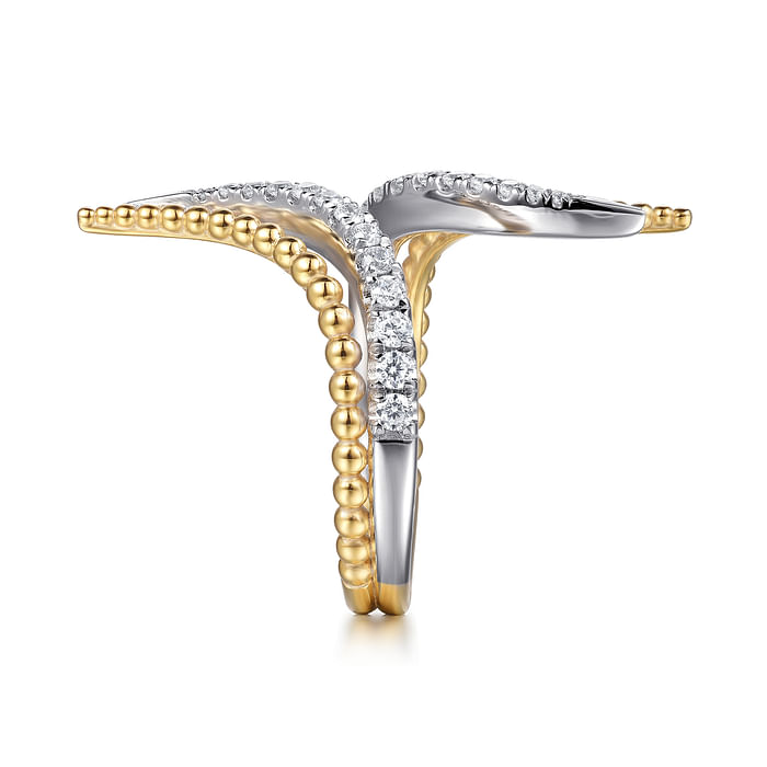 14K White & Yellow Gold Bujukan and Diamond Double Row Bypass Ring