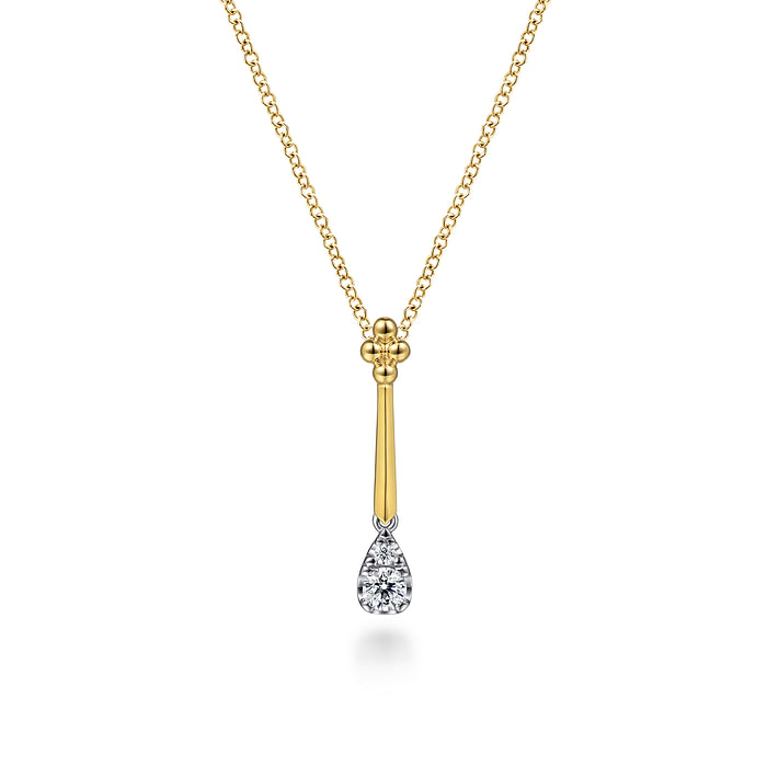 14K White and Yellow Gold Bujukan and Diamond Teardrop Pendant Necklace