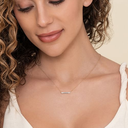 Enamel - 14K Yellow Gold Diamond Bar Necklace with White Enamel