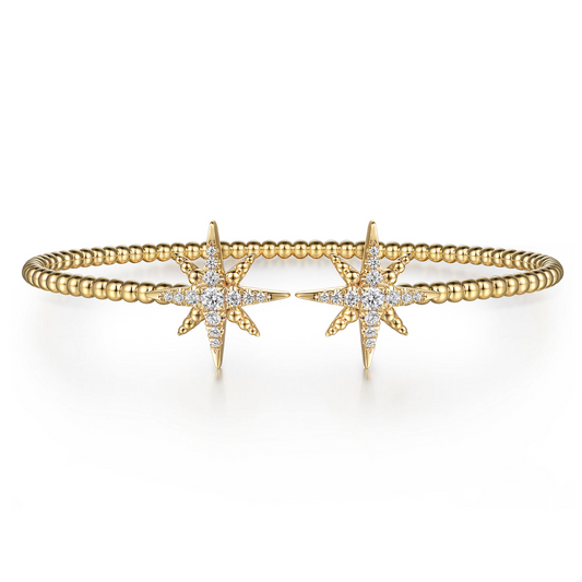 14K Yellow Gold Bujukan and Diamond Starburst Open Bangle Bracelet