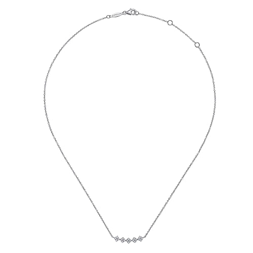 14K White Gold Square Station Diamond Pave Curved Bar Necklace