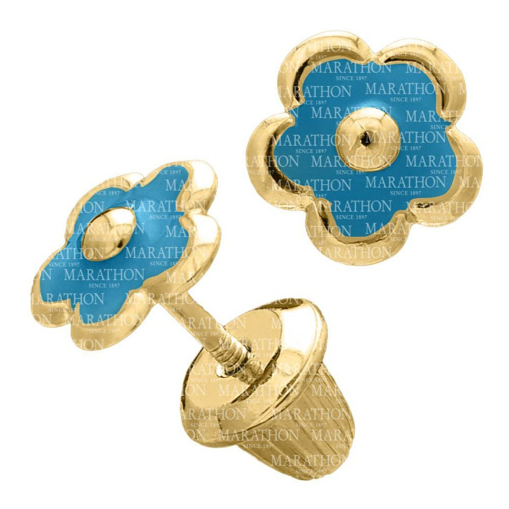 14K Yellow Gold and Blue Enamel Flower Earrings