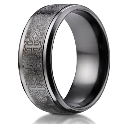 Black Titanium Comfort-Fit Cathedral Cross Design Wedding Band