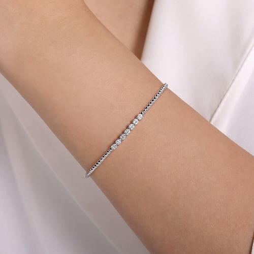 14K White Gold Bujukan Bead and Cluster Diamond Bangle