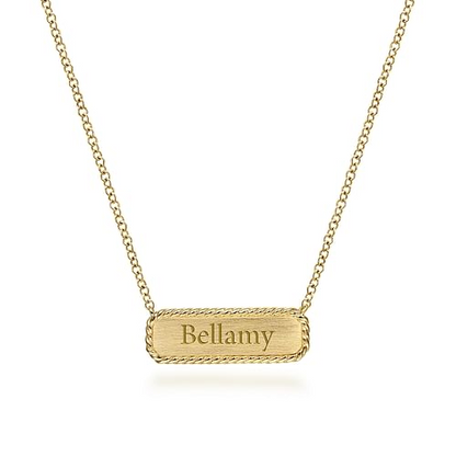 14K Yellow Gold Rectangular ID Pendant Necklace with Twisted Rope Frame