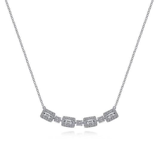 14K White Gold Rectangular Baguette and Diamond Halo Station Necklace