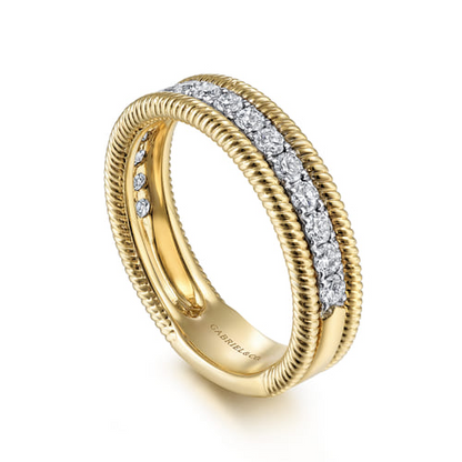 14K Yellow Gold Diamond Stackable Band with Twisted Rope Border (.49 CTW)