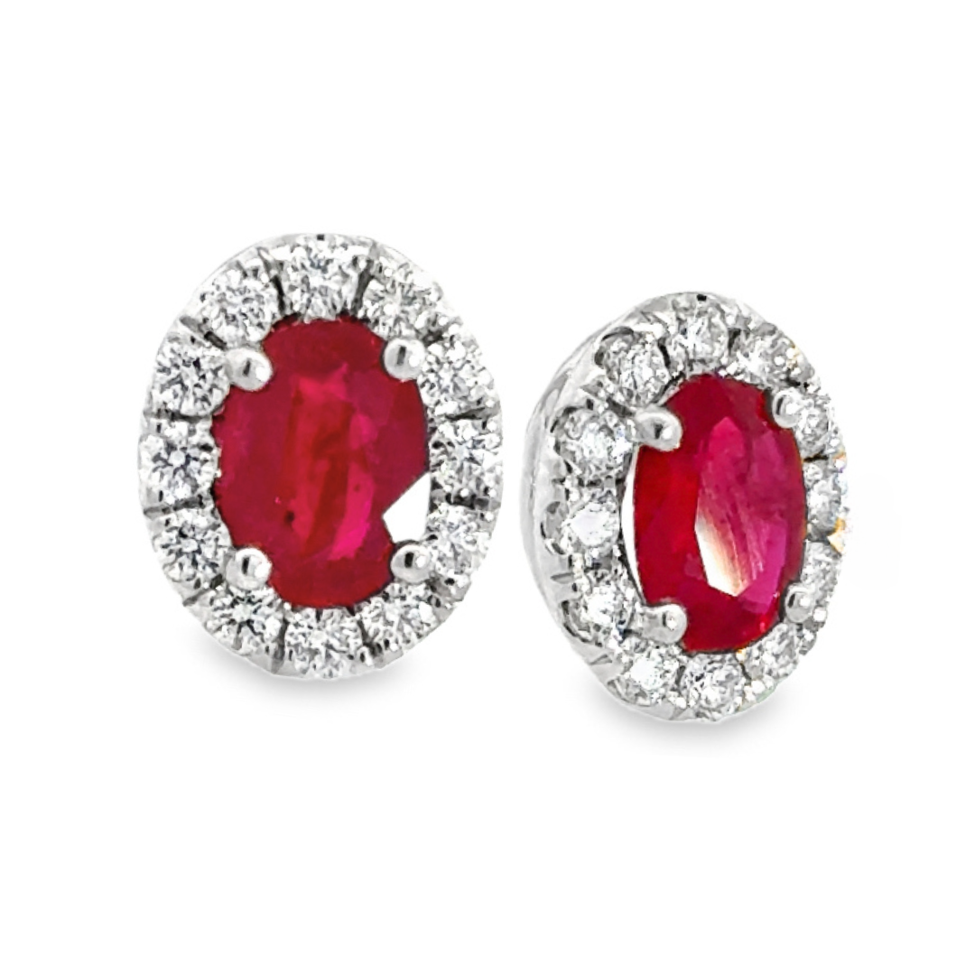 Diamond Halo and Ruby Oval Shaped Stud Earrings