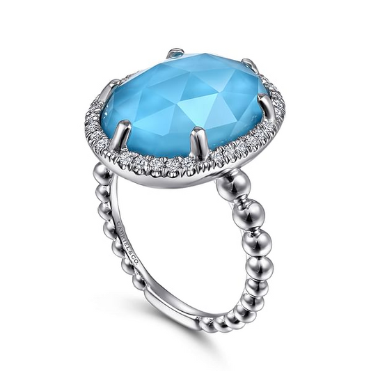 925 Sterling Silver Oval White Sapphire and Turquoise Halo Signet Ring