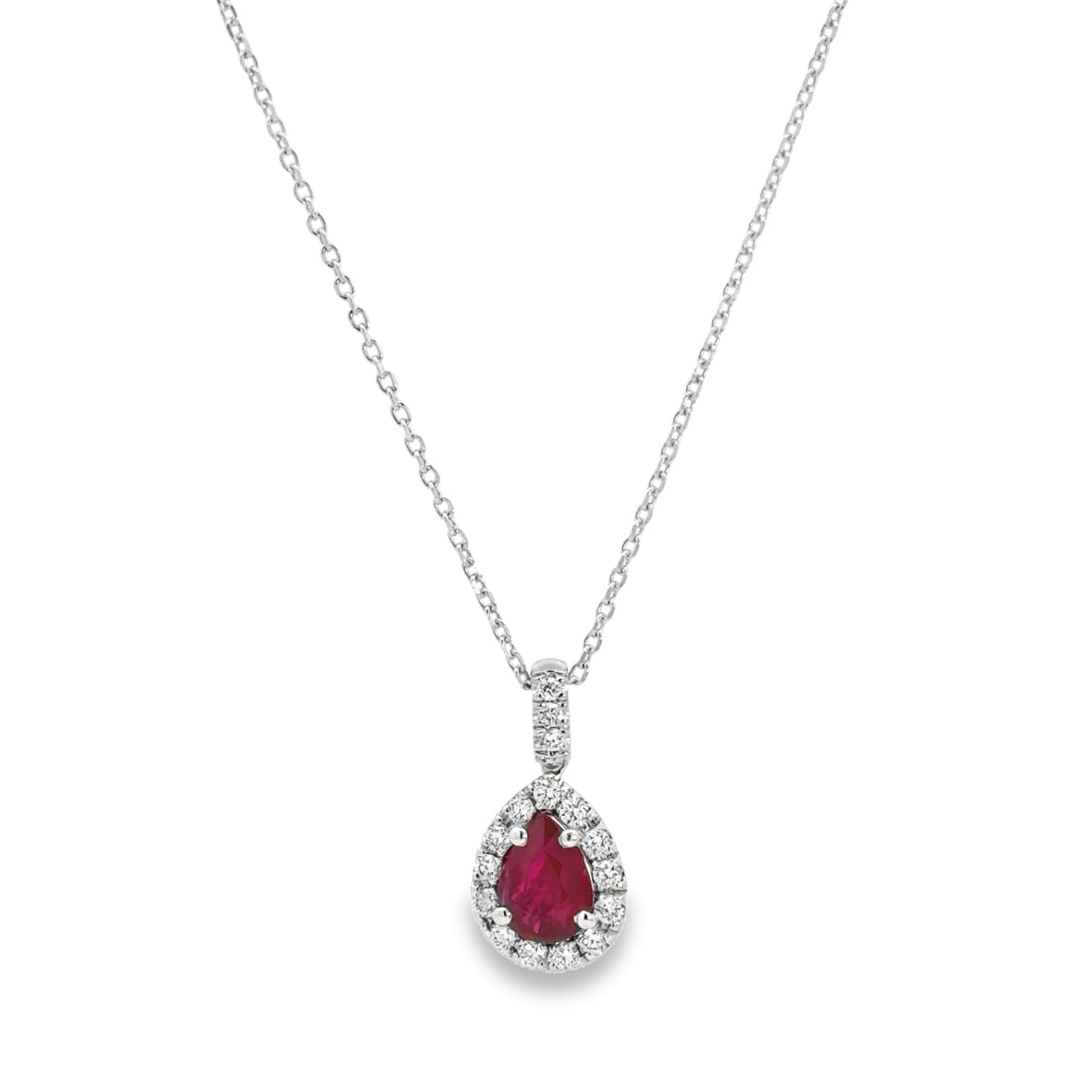 Diamond Halo and Ruby Pear Shaped Pendant Necklace