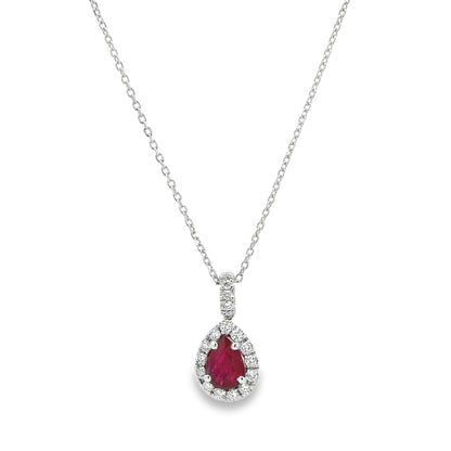 Diamond Halo and Ruby Pear Shaped Pendant Necklace